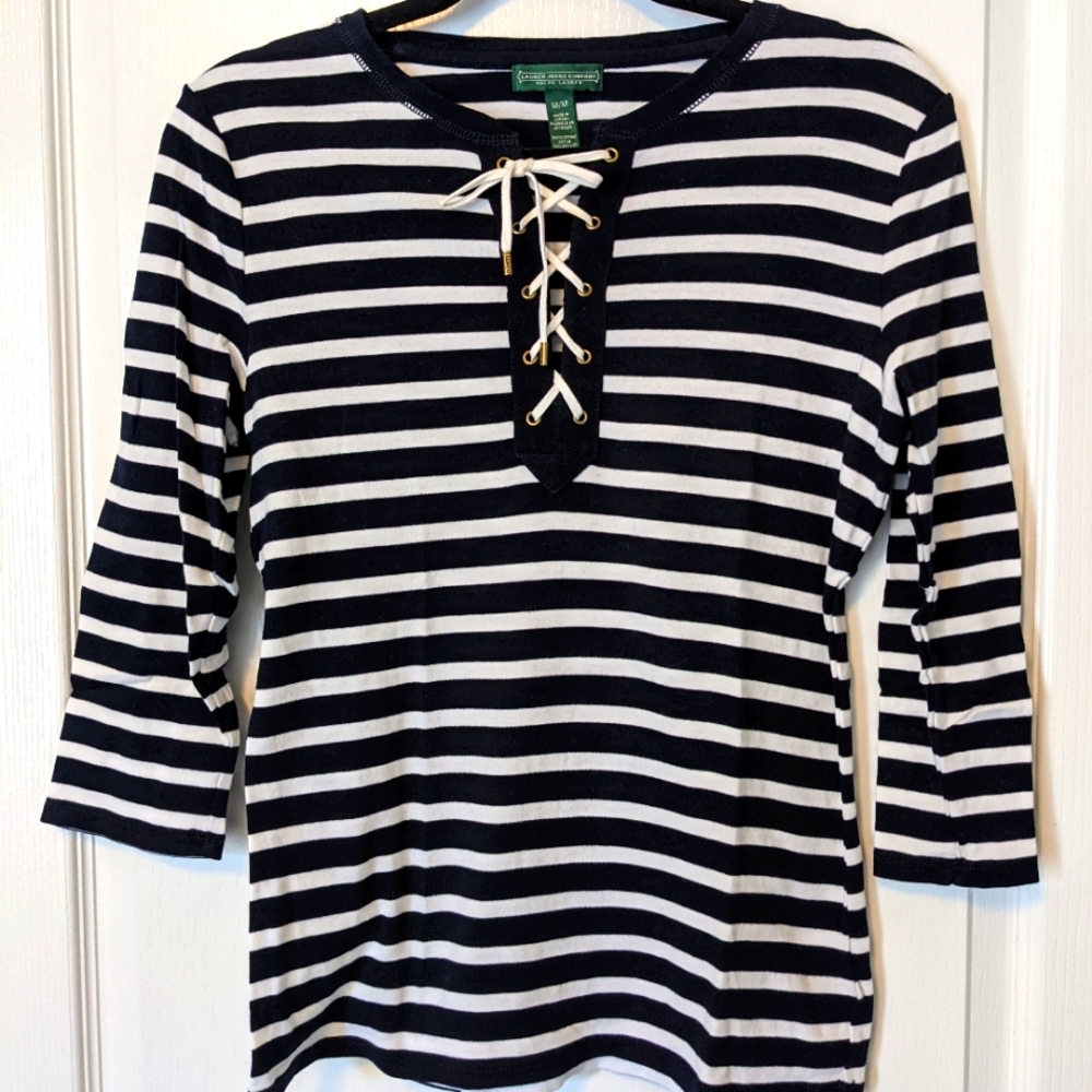 Ralph Lauren Navy and White Striped 3/4 Sleeve Lace Tie Neckline Top
